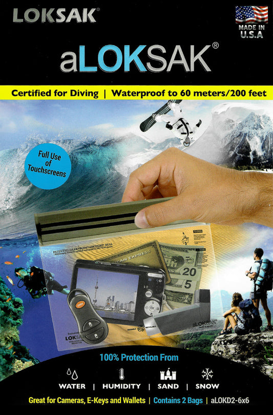 aLOKSAK Resealable Waterproof Bag Certified to 60 Meters 6" x 6" - 2 Pack